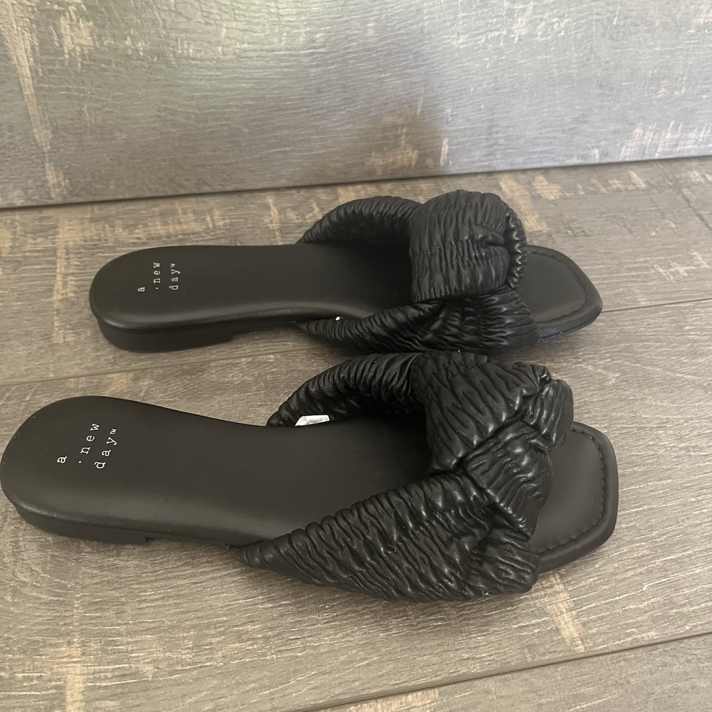 A New Day Black Knot Slide Sandals Womens Size 7 Square Toe Minimalist Comfort - Picture 8 of 9